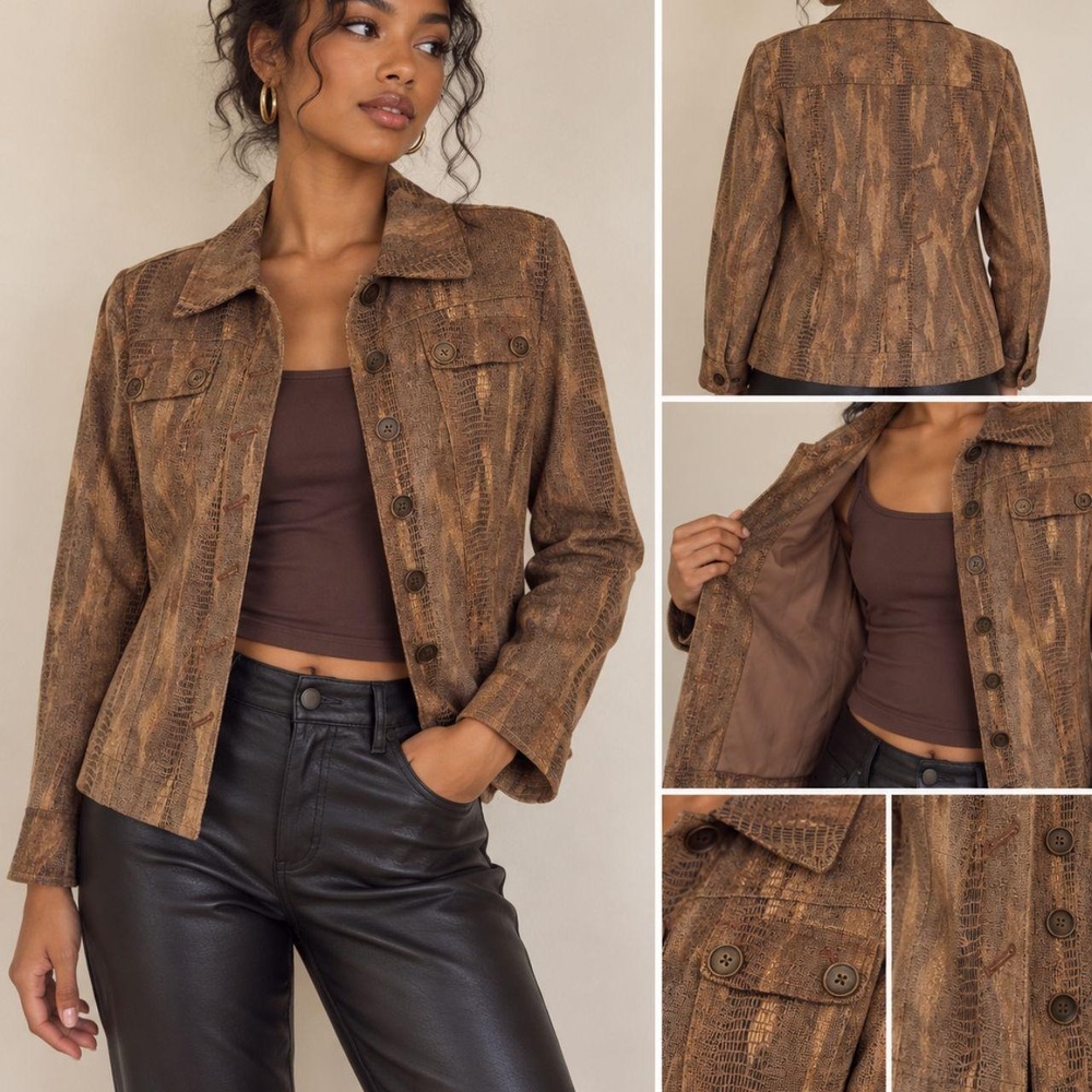 Chico's Brown Textured Reptile Print Button Front Jacket Size 0 S